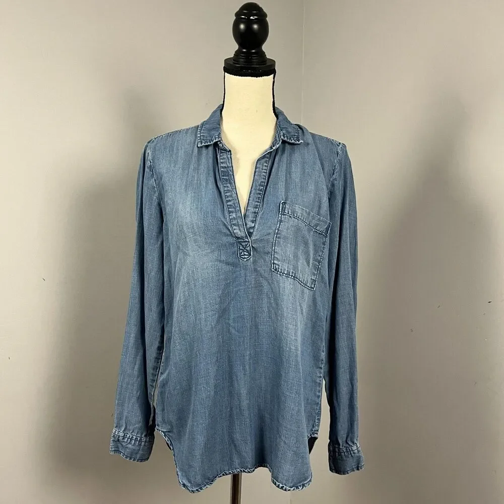 Cloth & Stone Anthropologie Blue Denim Chambray Popover Top Women's Medium - Picture 2 of 6